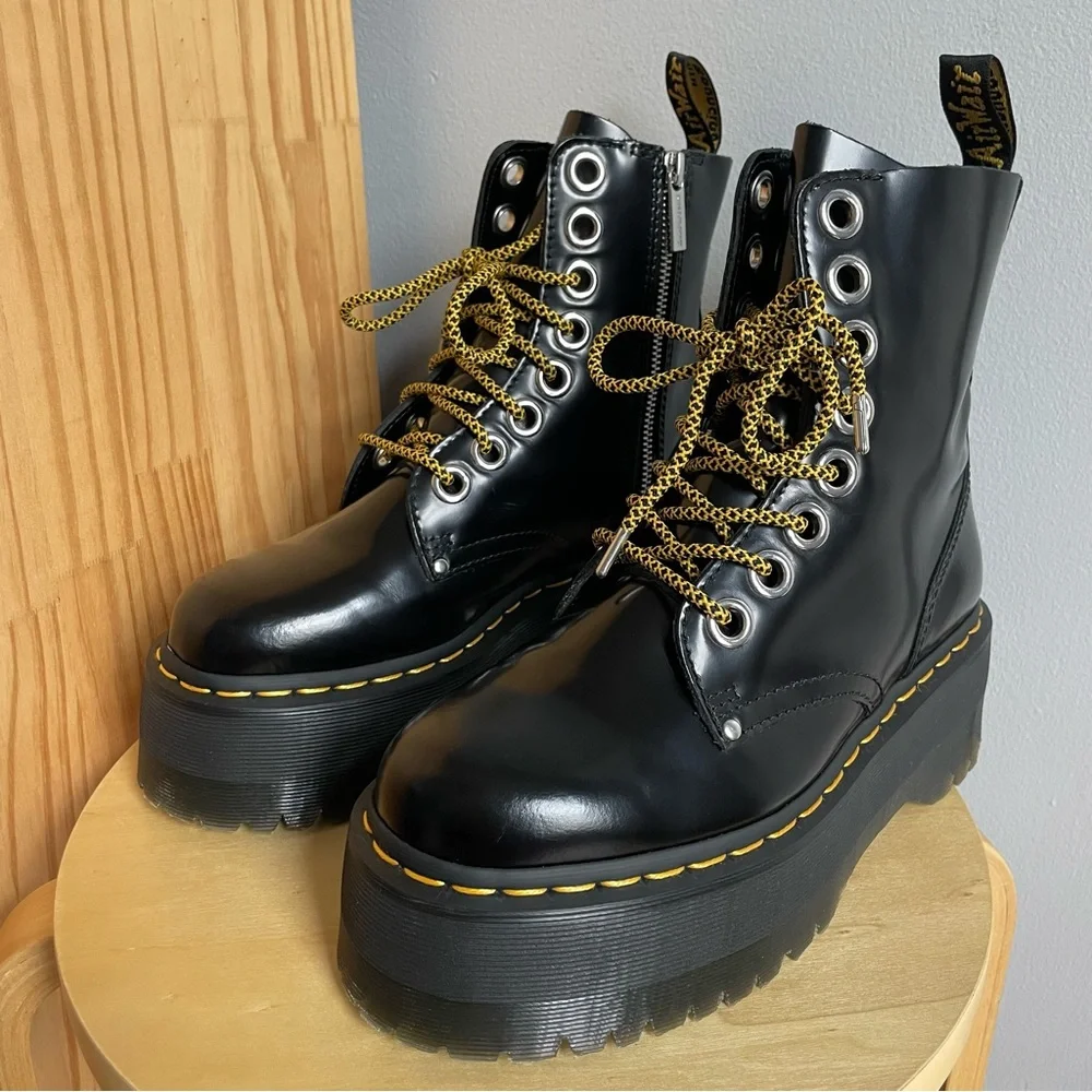 Dr. Martens Black Leather Platform Combat Boots with Yellow Accents - Picture 3 of 13